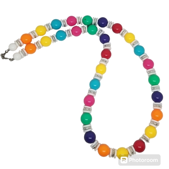 VINTAGE 1980s VIBRANT MULTICOLOR RAINBOW ACRYLIC BEAD NECKLACE - Picture 3 of 6